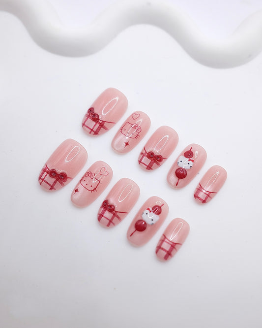 Mid-Long Oval 3D Red Plaid Bow Candy Press On Nails