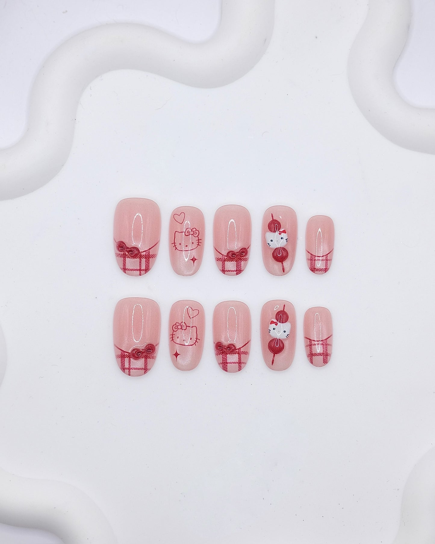 Mid-Long Oval 3D Red Plaid Bow Candy Press On Nails