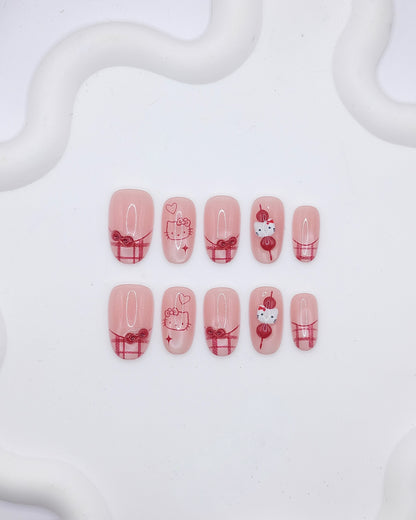 Mid-Long Oval 3D Red Plaid Bow Candy Press On Nails