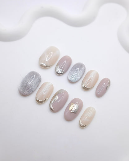 Mid-Long Oval Nude Silver Chrome Marble Press On Nails