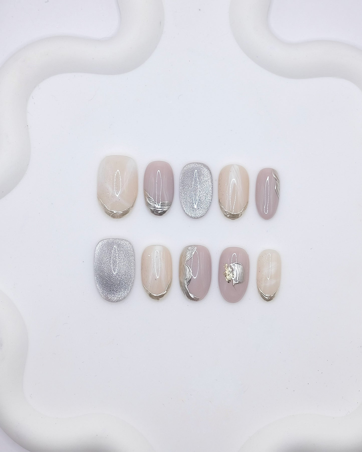 Mid-Long Oval Nude Silver Chrome Marble Press On Nails