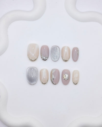 Mid-Long Oval Nude Silver Chrome Marble Press On Nails