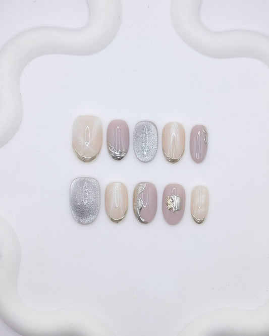 Mid-Long Oval Nude Silver Chrome Marble Press On Nails