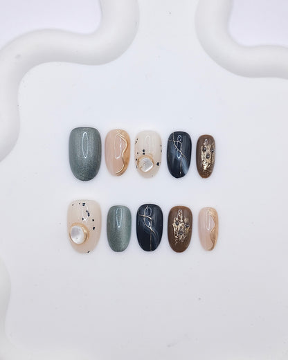 Mid-Long Oval 3D Earth Tone Gemstone Gold Foil Press On Nails
