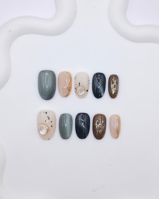 Mid-Long Oval 3D Earth Tone Gemstone Gold Foil Press On Nails