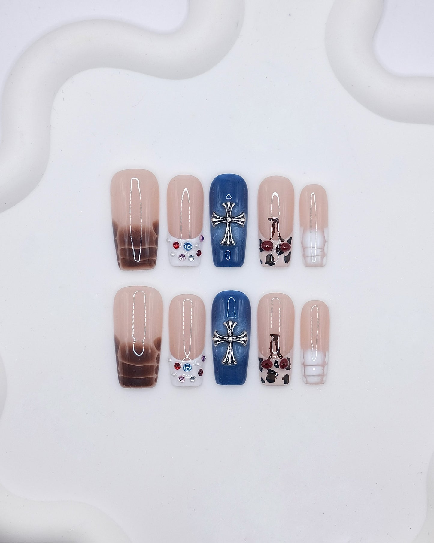 Long Square 3D Nude Blue Cross Charm Cow Print Press On Nails