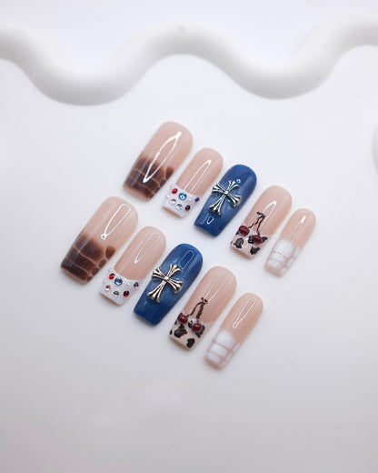 Long Square 3D Nude Blue Cross Charm Cow Print Press On Nails