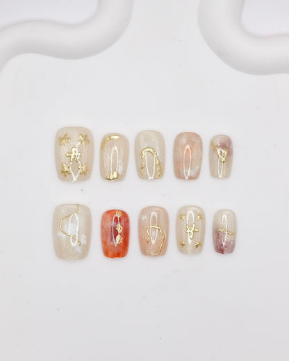 Short Coffin White & Gold Fall Season Press On Nails
