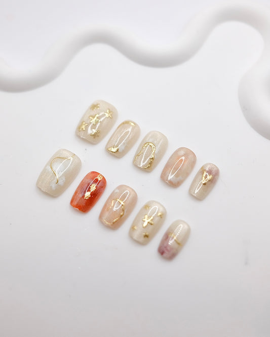 Short Coffin White & Gold Fall Season Press On Nails
