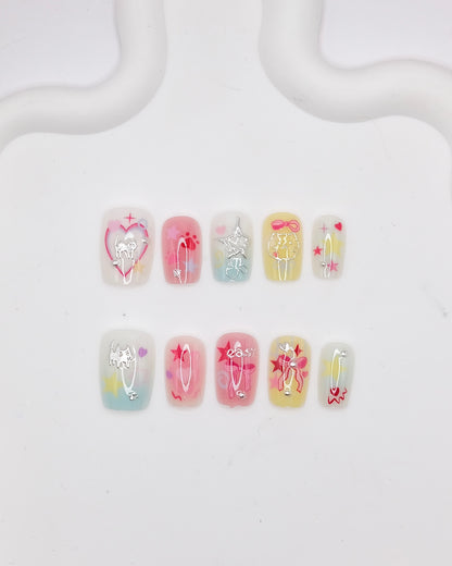 Short Coffin Colorful Love Heart Press On Nails