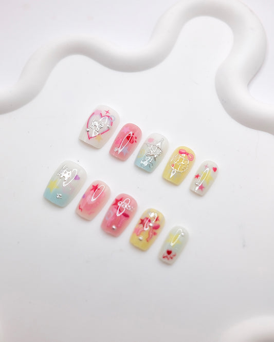 Short Coffin Colorful Love Heart Press On Nails