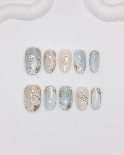 Mid-Long Oval White & Blue With Embossed Flower Press On Nails