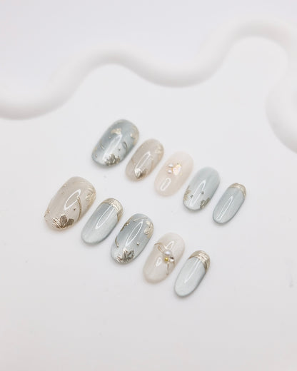 Mid-Long Oval White & Blue With Embossed Flower Press On Nails
