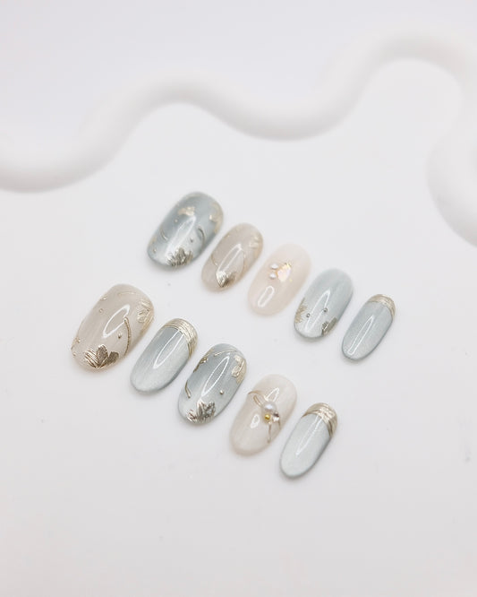 Mid-Long Oval White & Blue With Embossed Flower Press On Nails