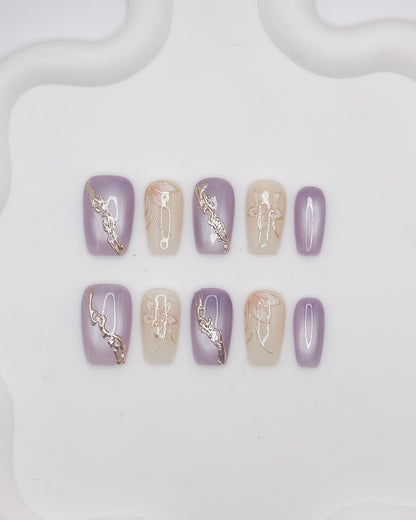 Mid-Long Coffin Purple & White Embossed Flower Press On Nails