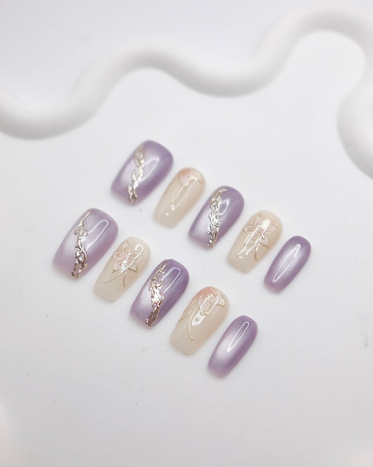 Mid-Long Coffin Purple & White Embossed Flower Press On Nails