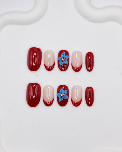 Mid-Long Oval Red & Nude Color Flower French Manicure Press On Nails