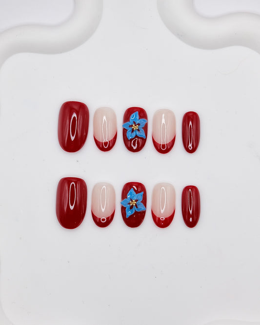 Mid-Long Oval Red & Nude Color Flower French Manicure Press On Nails