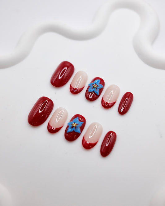 Mid-Long Oval Red & Nude Color Flower French Manicure Press On Nails