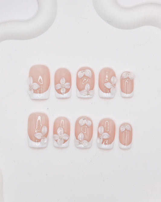 Mid-Long Coffin Nude Embossed Flower French Manicure Press On Nails