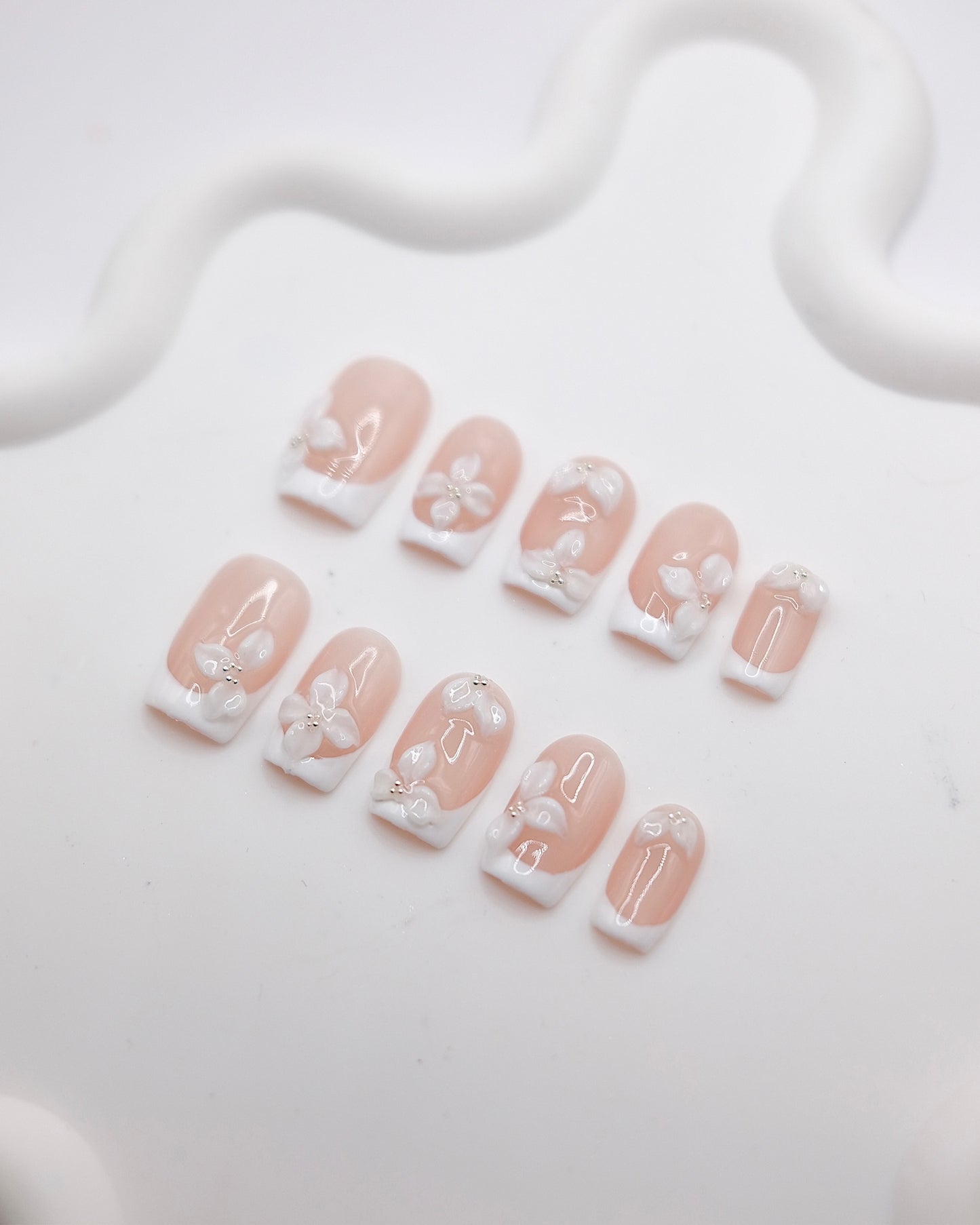 Mid-Long Coffin Nude Embossed Flower French Manicure Press On Nails