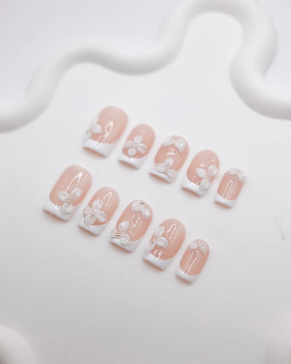 Mid-Long Coffin Nude Embossed Flower French Manicure Press On Nails