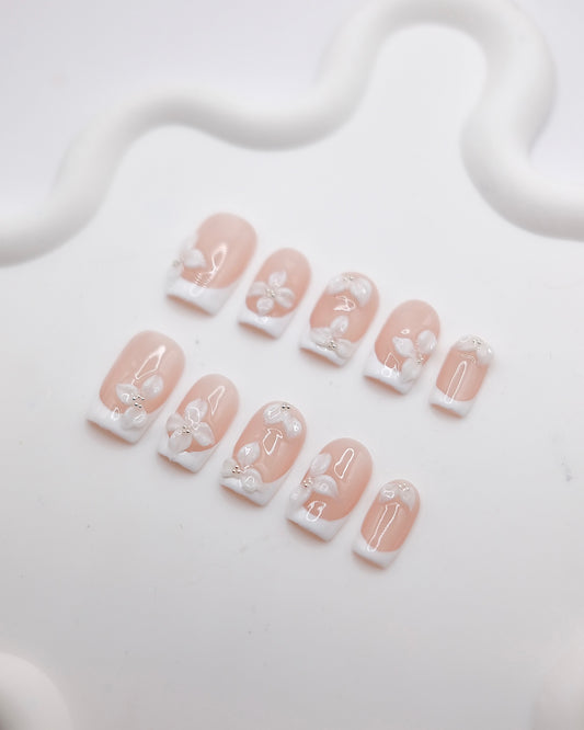 Mid-Long Coffin Nude Embossed Flower French Manicure Press On Nails