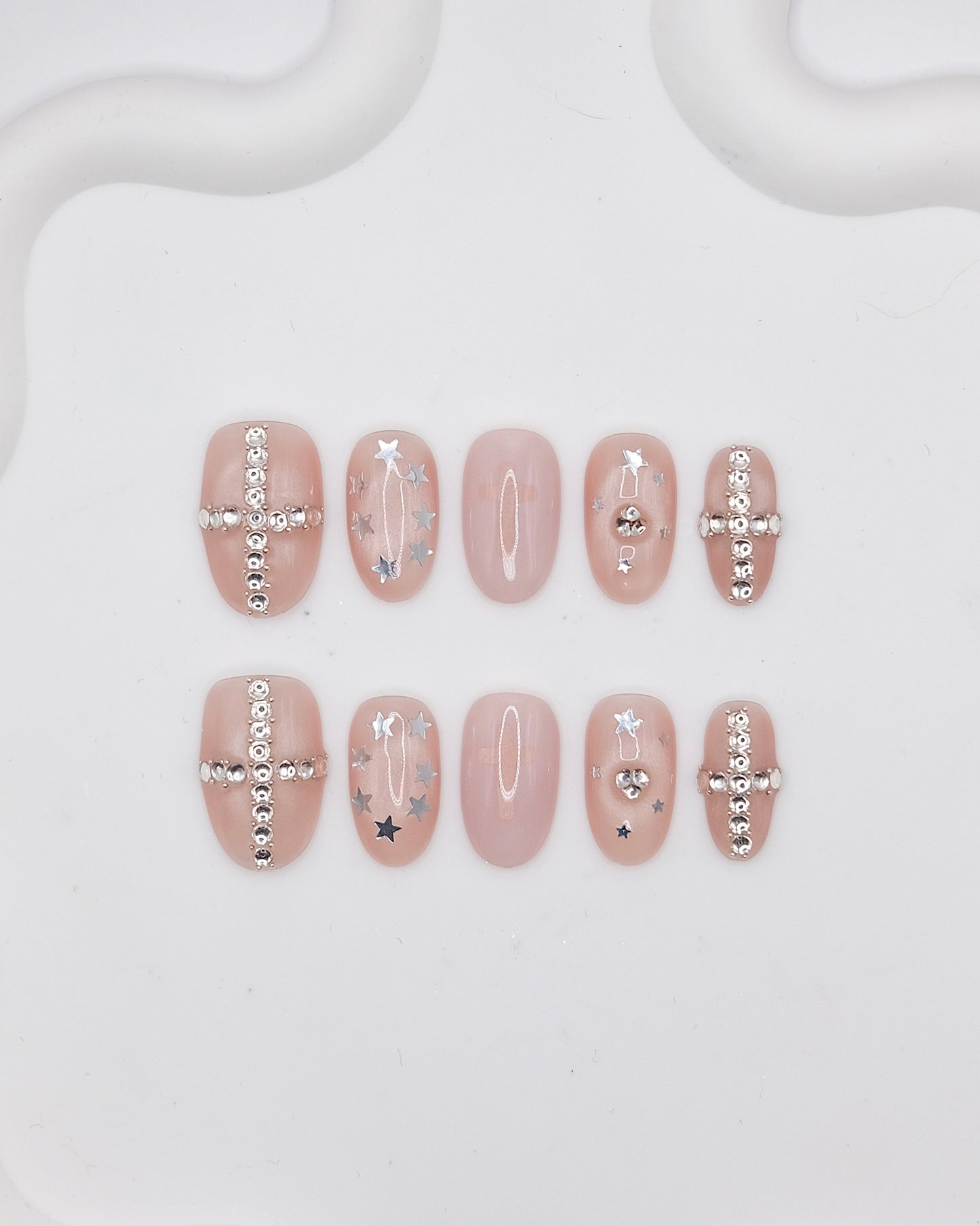 Mid-Long Oval Nude Color Diamond Cross Press On Nails