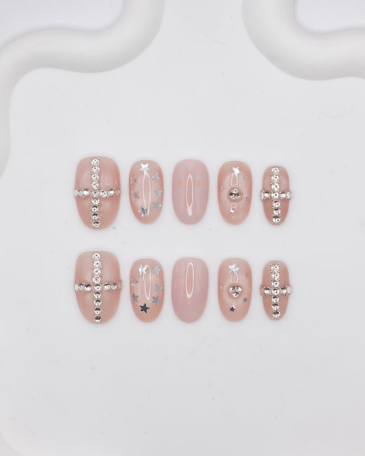 Mid-Long Oval Nude Color Diamond Cross Press On Nails