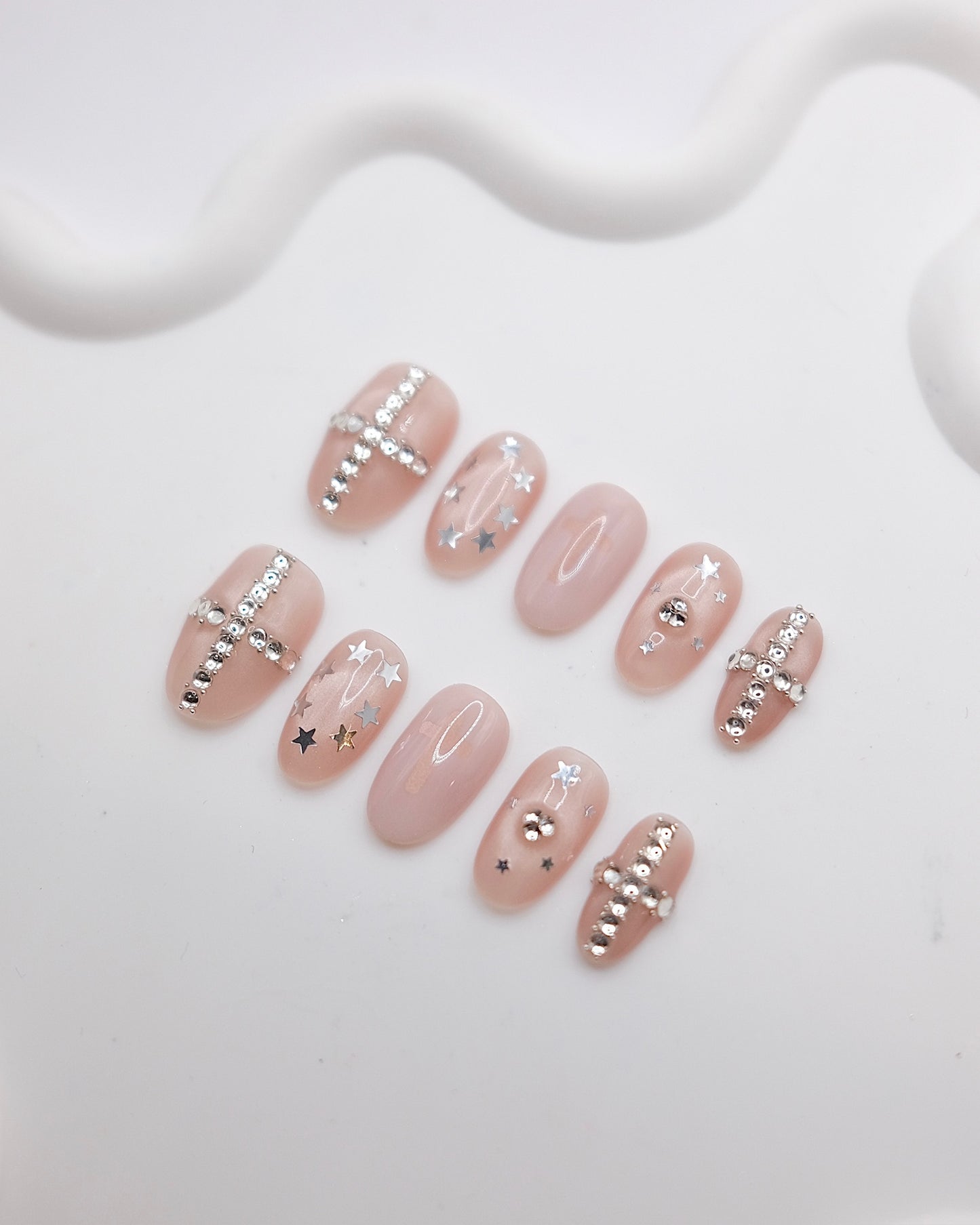Mid-Long Oval Nude Color Diamond Cross Press On Nails