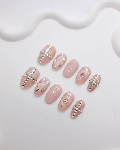 Mid-Long Oval Nude Color Diamond Cross Press On Nails