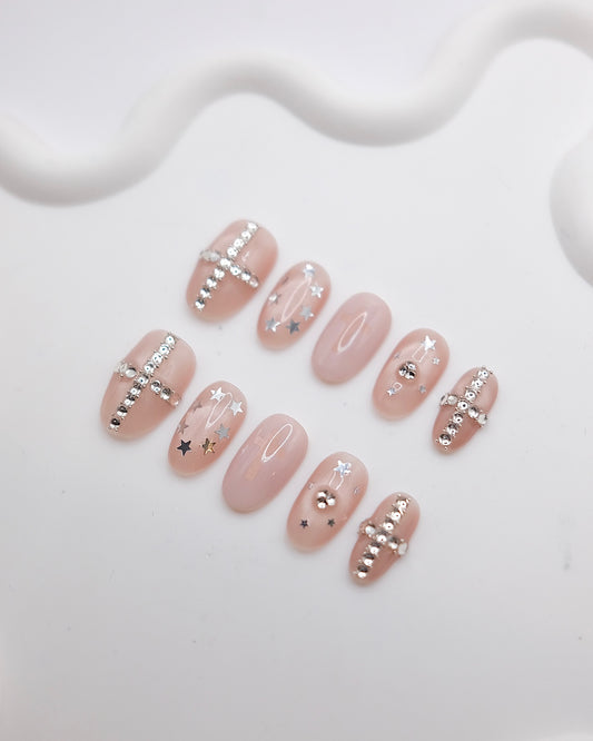 Mid-Long Oval Nude Color Diamond Cross Press On Nails