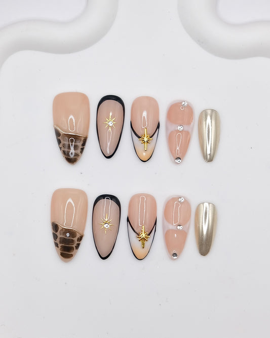 Long Almond Nude & Diamond With French Manicure Press On Nails