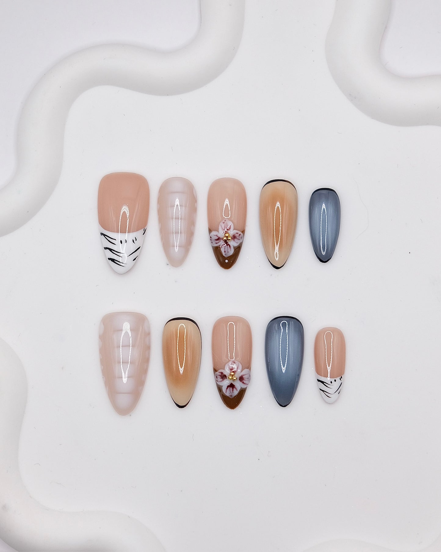 Long Almond White & Blue With Embossed Flower Press On Nails