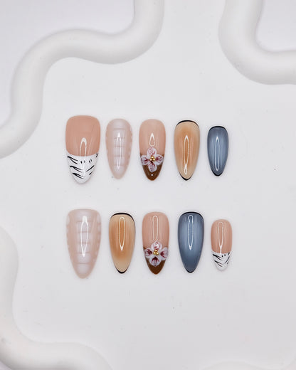 Long Almond White & Blue With Embossed Flower Press On Nails