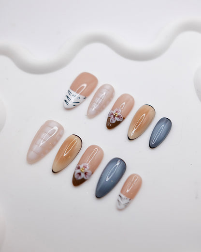 Long Almond White & Blue With Embossed Flower Press On Nails