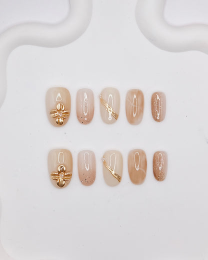Short Oval White & Gold Embossed Flower Press On Nails