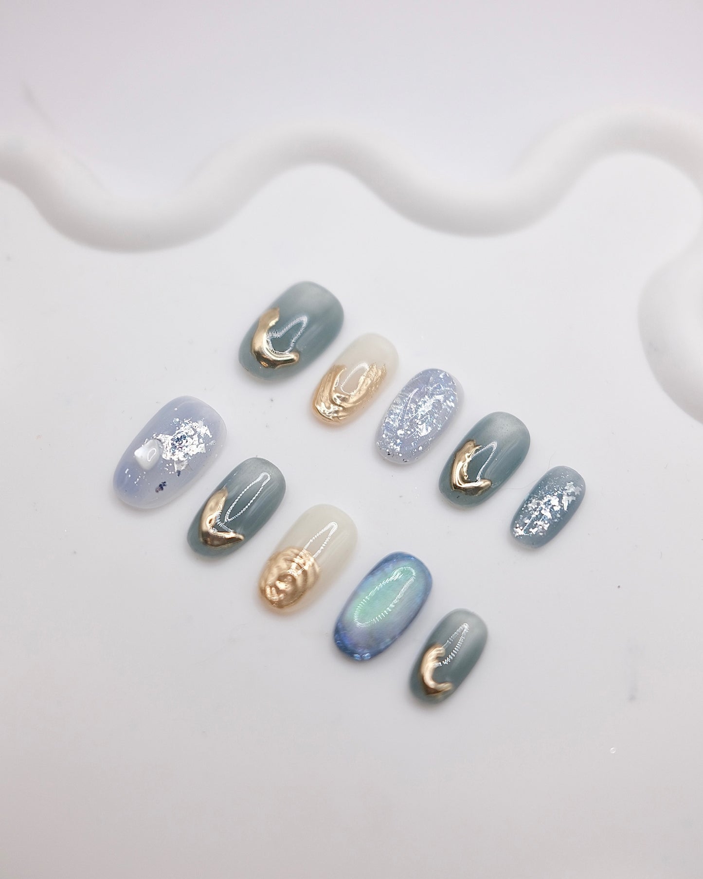 Mid-Long Oval White & Blue With Embossed Flower Press On Nails