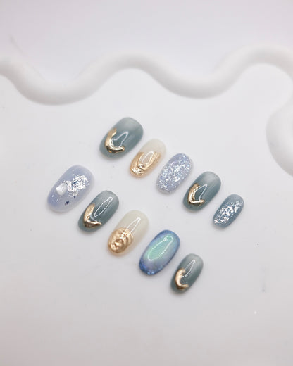 Mid-Long Oval White & Blue With Embossed Flower Press On Nails