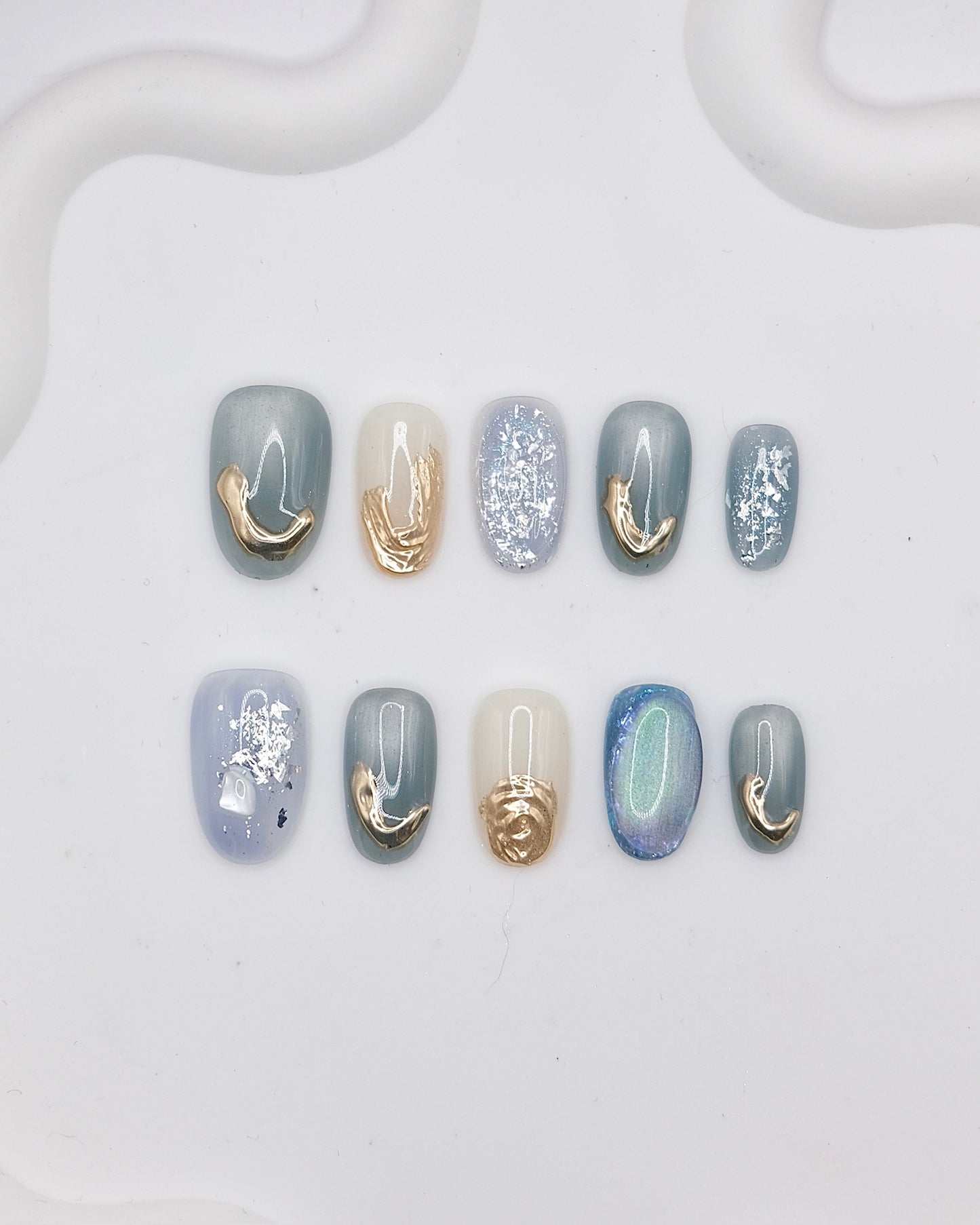 Mid-Long Oval White & Blue With Embossed Flower Press On Nails