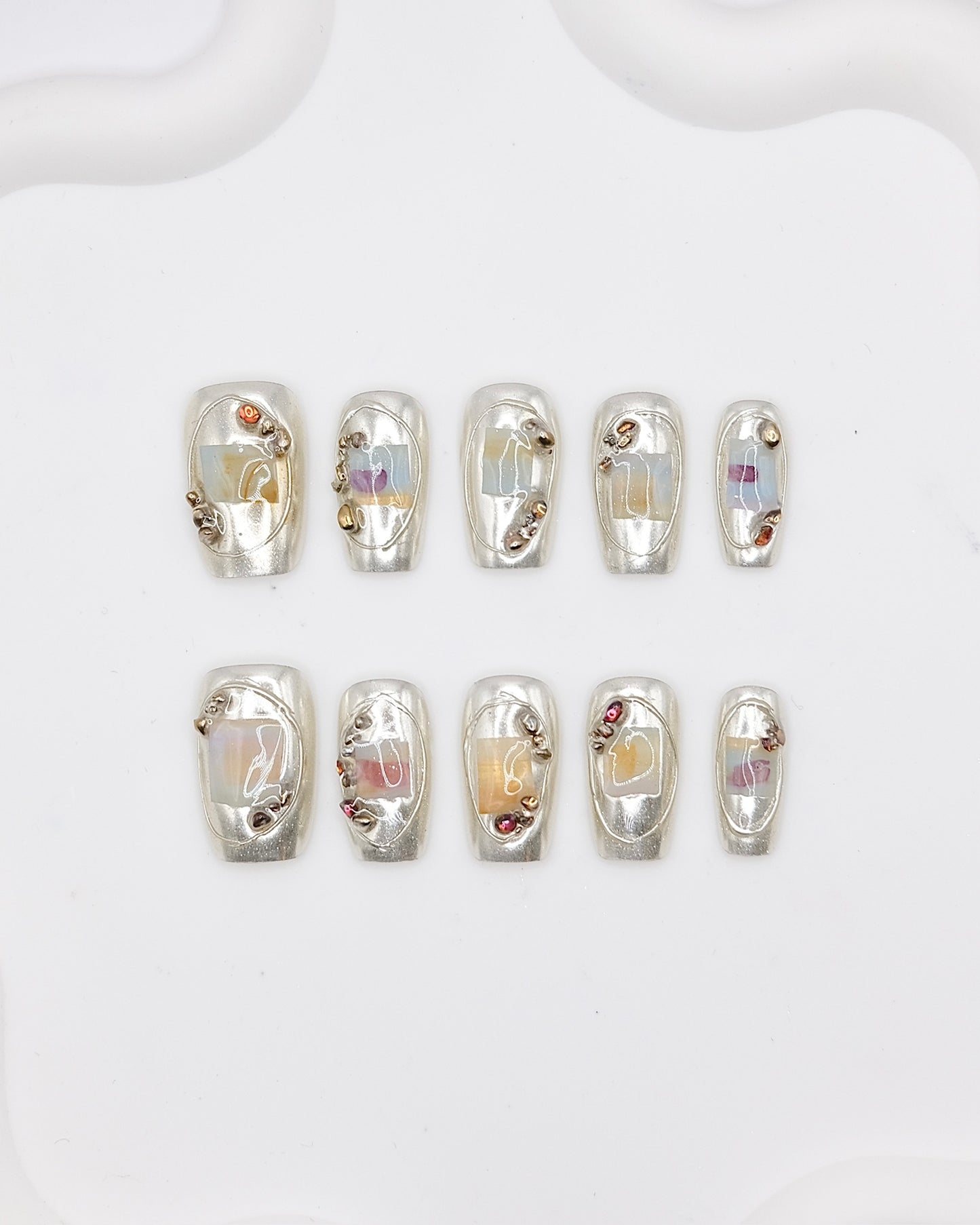 Mid-Long Coffin Silver Mirror & Diamond Press On Nails