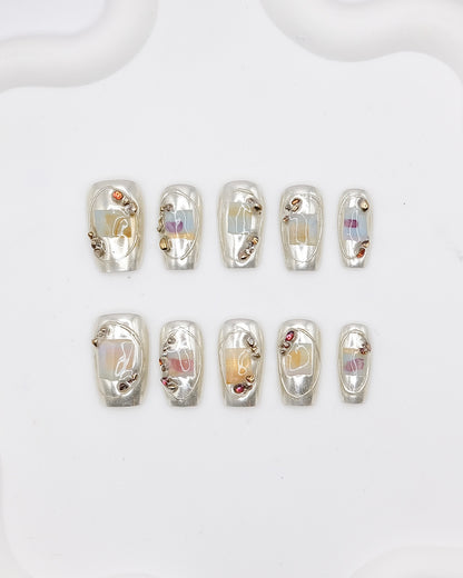 Mid-Long Coffin Silver Mirror & Diamond Press On Nails