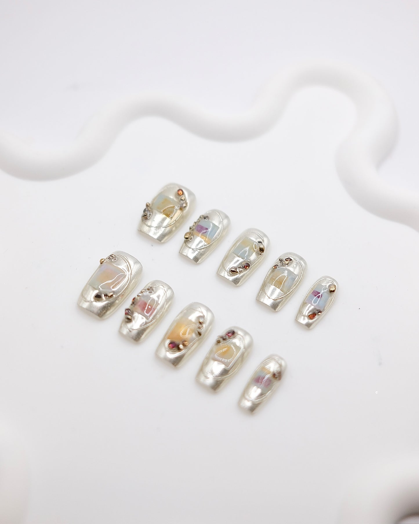 Mid-Long Coffin Silver Mirror & Diamond Press On Nails