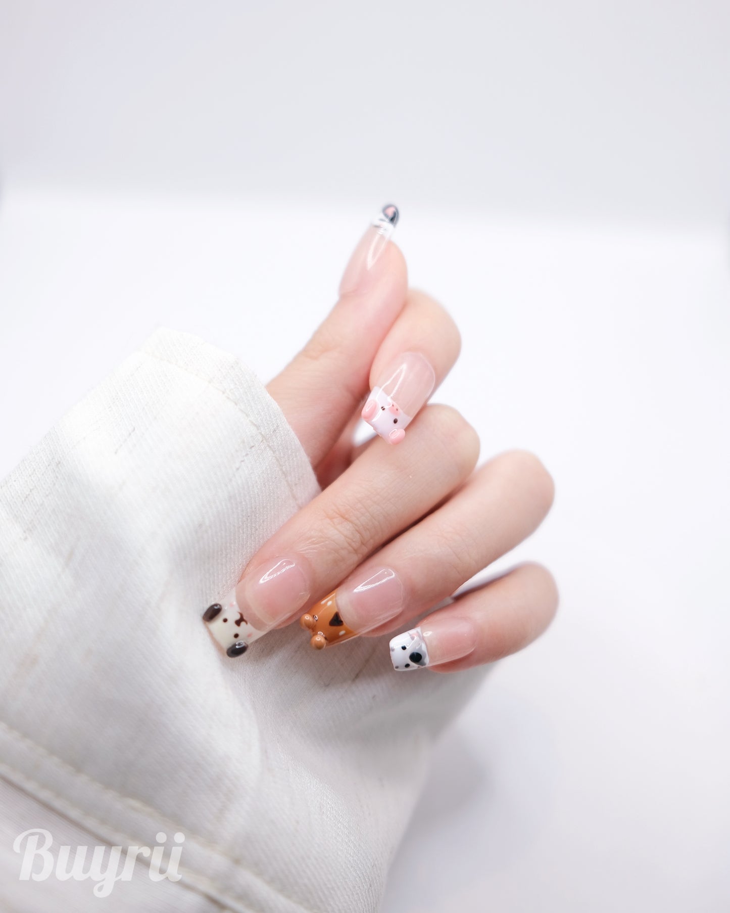 Mid Coffin Nude Color Cute Zoo French Manicure Press On Nails