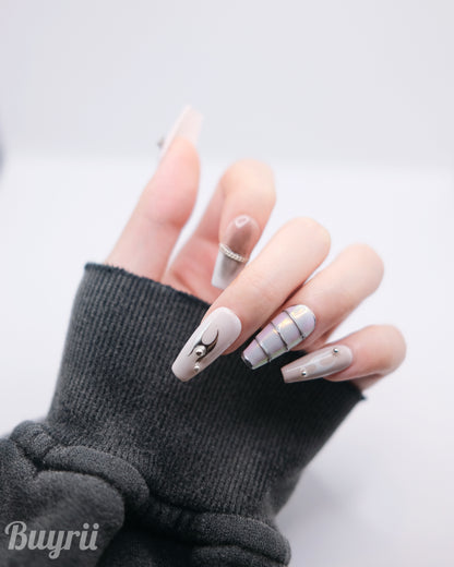 Long Coffin Pink Flame Cross Press On Nails