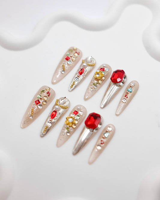 BUYRII X H² Long Stiletto Nude Jewels & Gems Memory Press On Nails