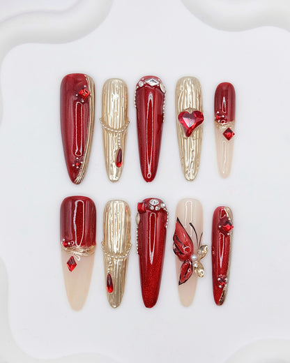 BUYRII X H² Extra Long Stiletto Ruby Gem & Diamond French Manicure Press On Nails
