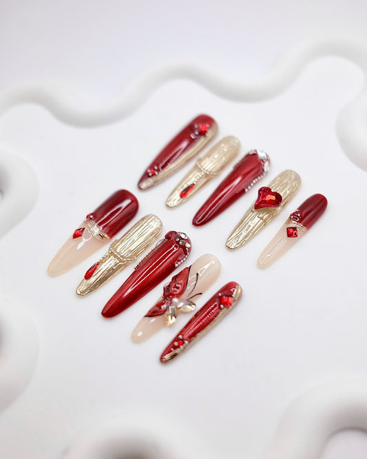 BUYRII X H² Extra Long Stiletto Ruby Gem & Diamond French Manicure Press On Nails