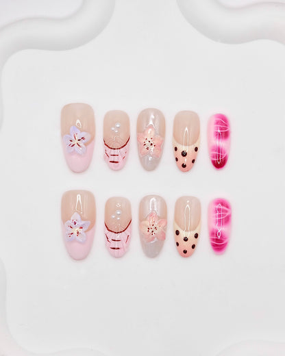 BUYRII X H² Mid-Long Oval Nude Flower Road Boutique Press On Nails