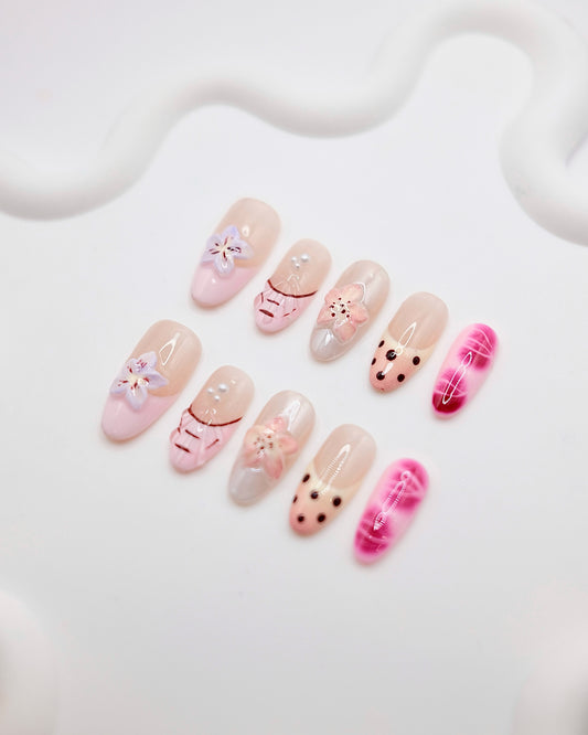 BUYRII X H² Mid-Long Oval Nude Flower Road Boutique Press On Nails